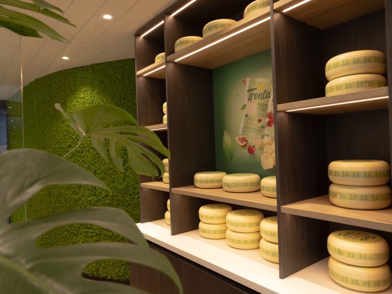 Interieurbouw Heusden – Westland kaas – Kantoor - Entree - Ontvangstruimte - Signing -  Moswand - presentatiekast - wachtbank - bank - pantry - Signing - maatwerkkast - kast - lamp - design lamp Interieurbouw Heusden – Westland kaas – Presentatiekast